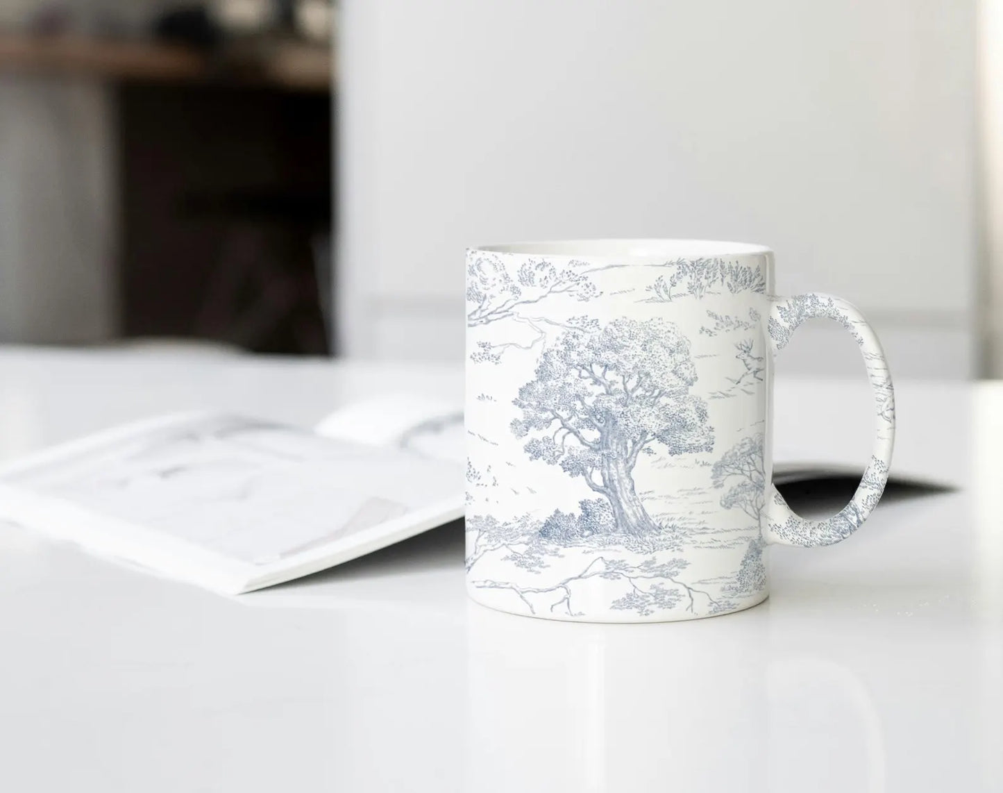 Ceramic mug wrapped with Toile de Jouy Blue pattern