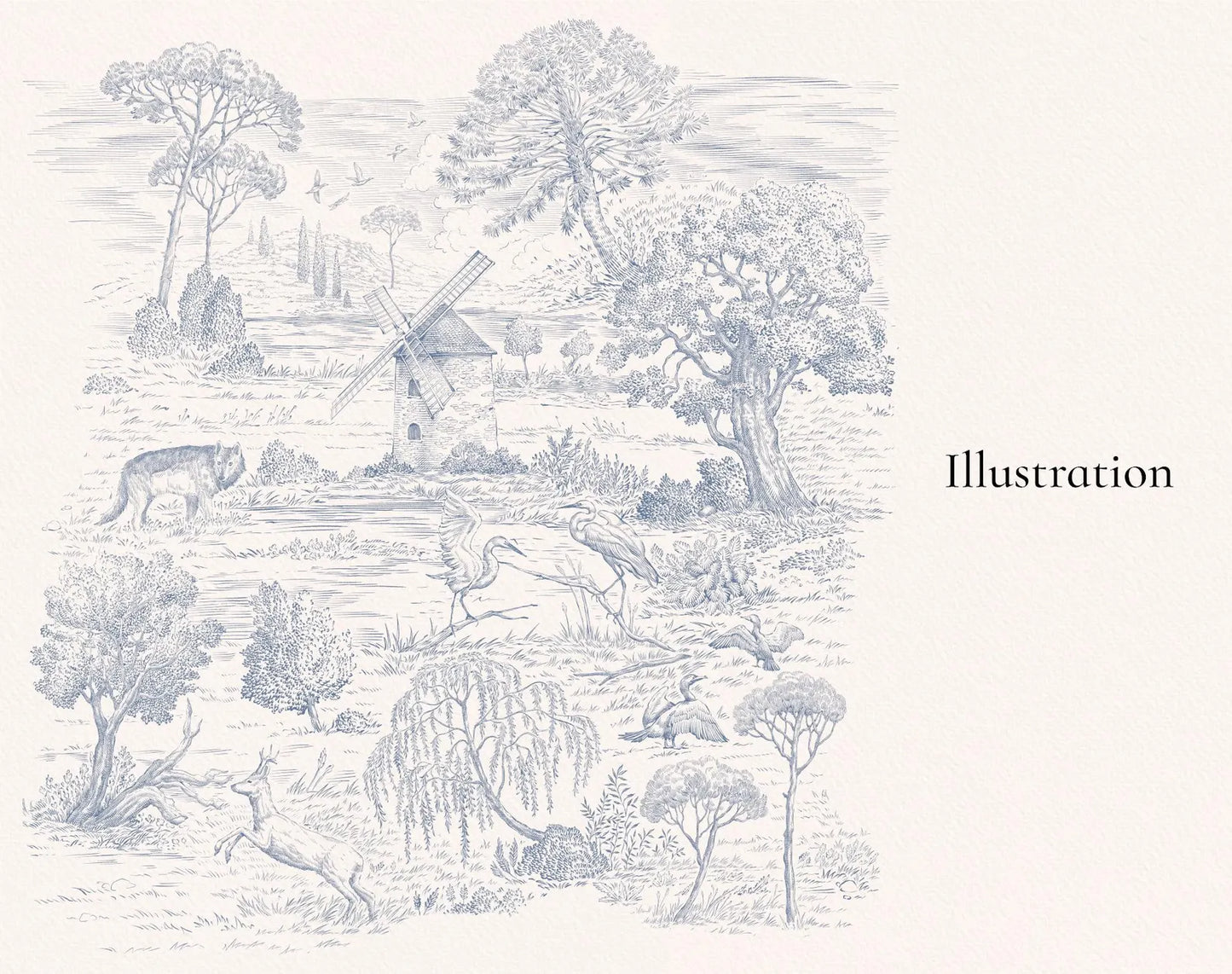 Toile de Jouy Illustration of a landscape with animals and a windmill on a light gray background