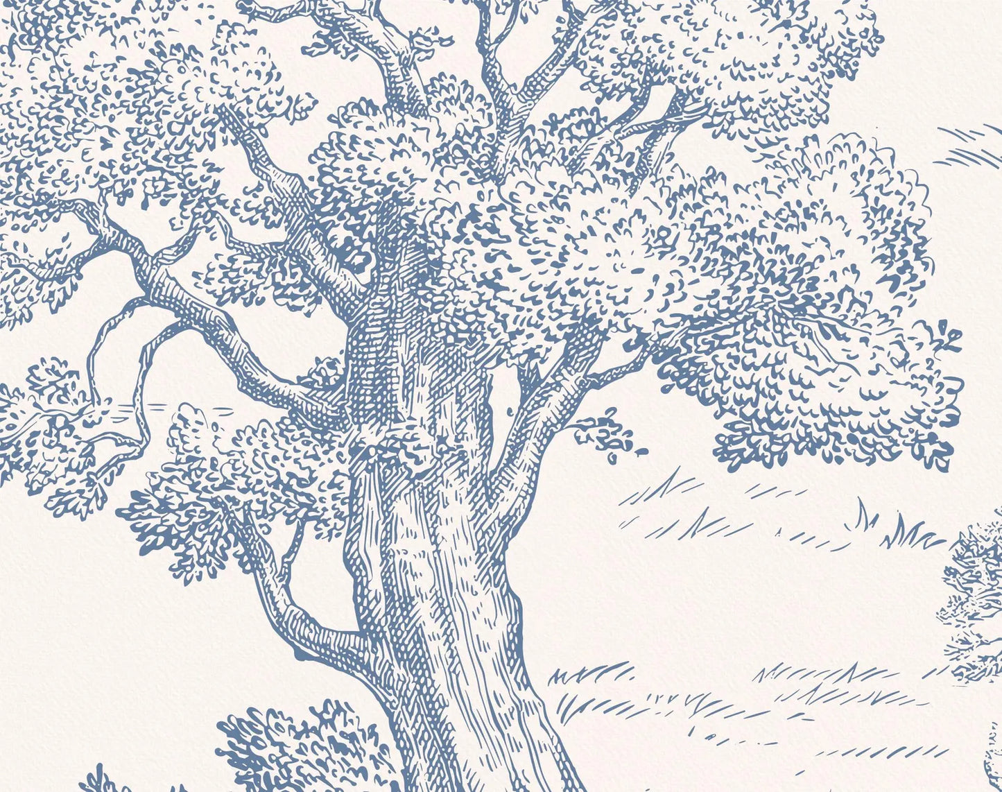 Close-up of engraved tree detail from Toile de Jouy Blue