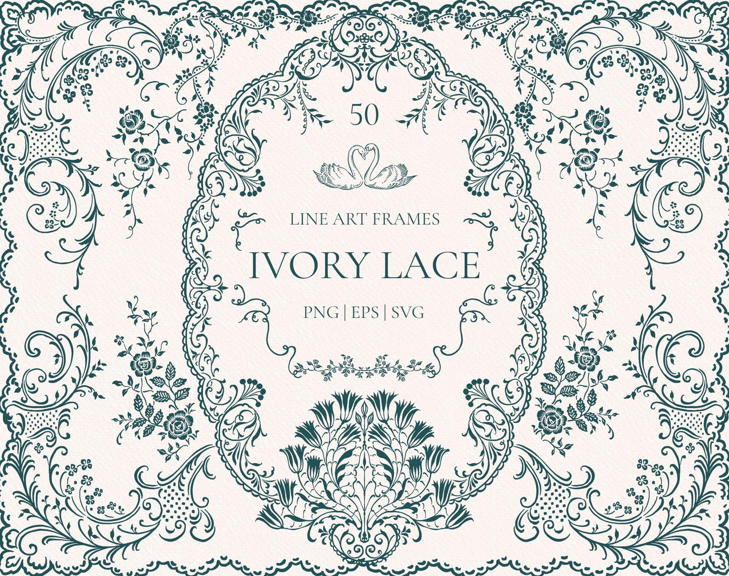 Ivory Lace line art frames collection cover with ornate floral lace border on an ivory background.