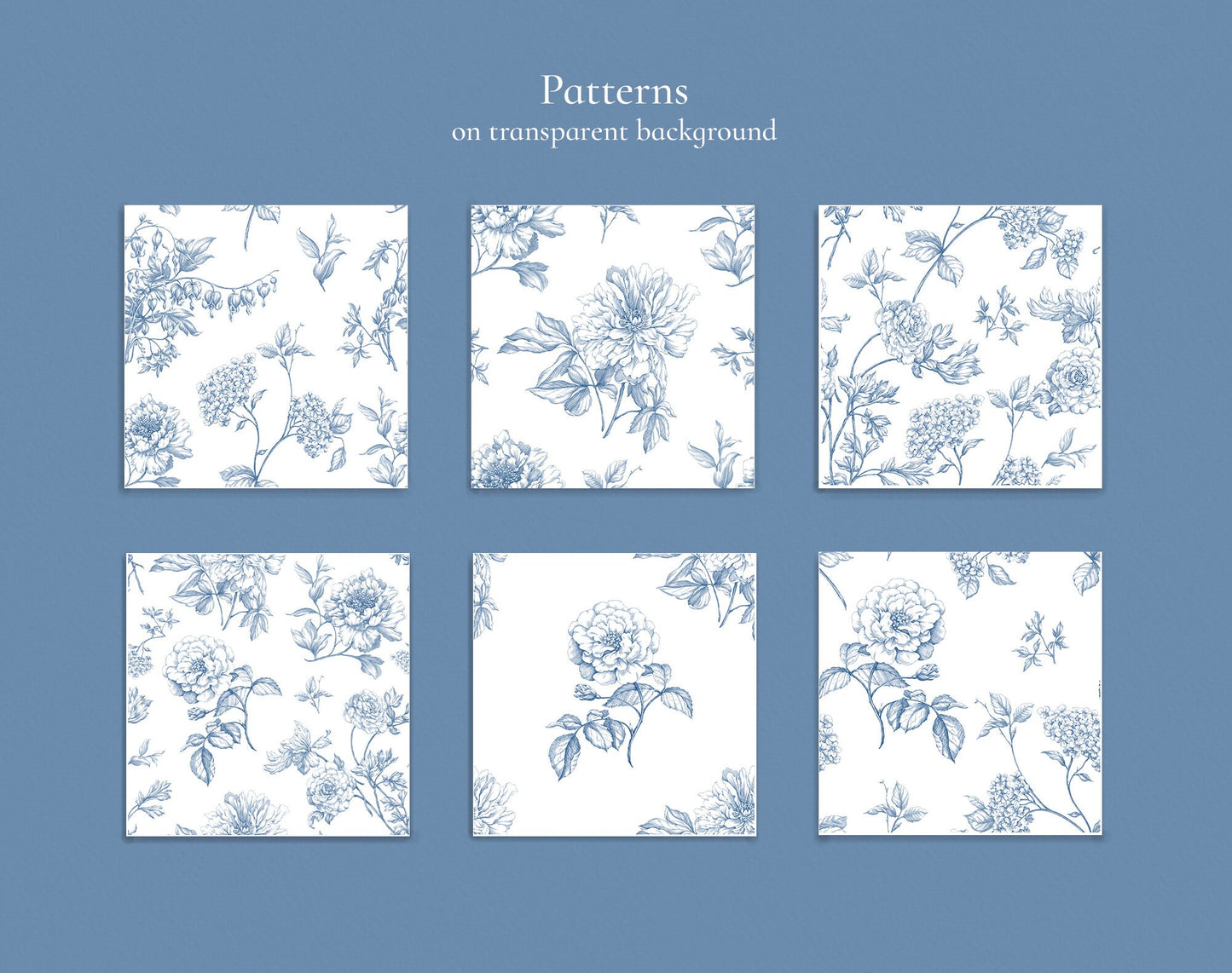 Seamless toile pattern variations grid, six blue peony tiles