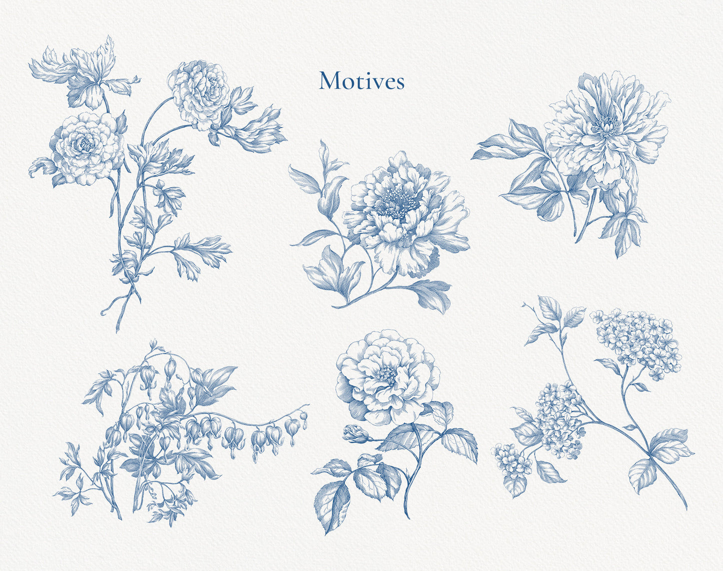 Individual toile motifs: peony and rose stems in blue line art