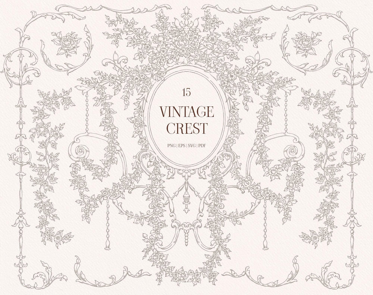 Fine line-art version of the Vintage Floral Crest with an oval frame, floral garlands, and decorative border elements.