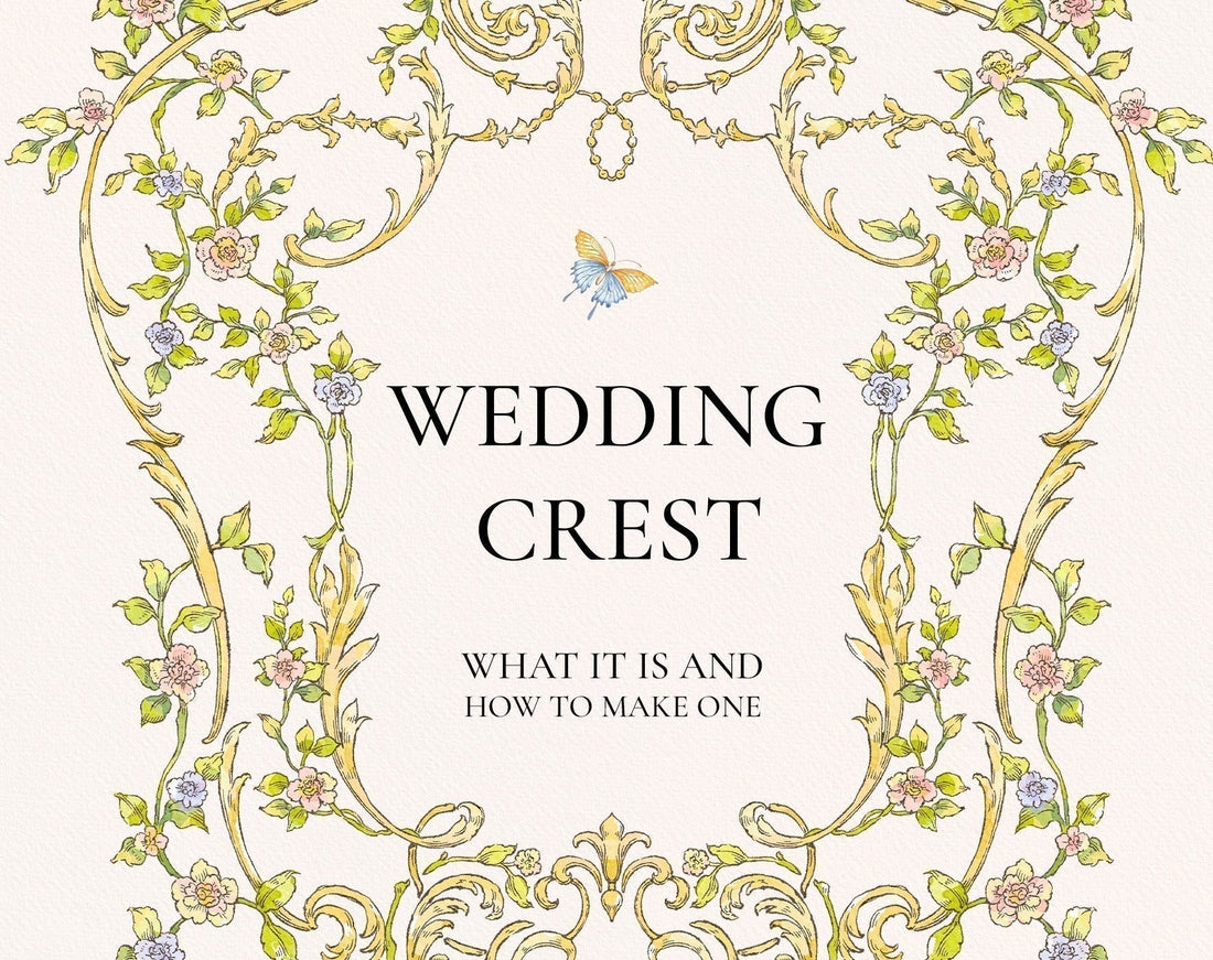 Ornate floral frame around “WEDDING CREST” with subtitle “What it is and how to make one” and a small butterfly