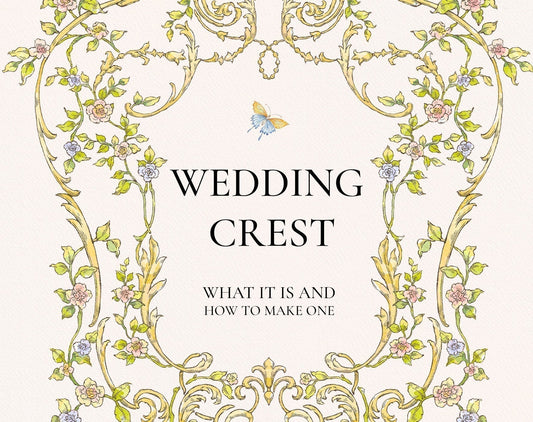 Ornate floral frame around “WEDDING CREST” with subtitle “What it is and how to make one” and a small butterfly