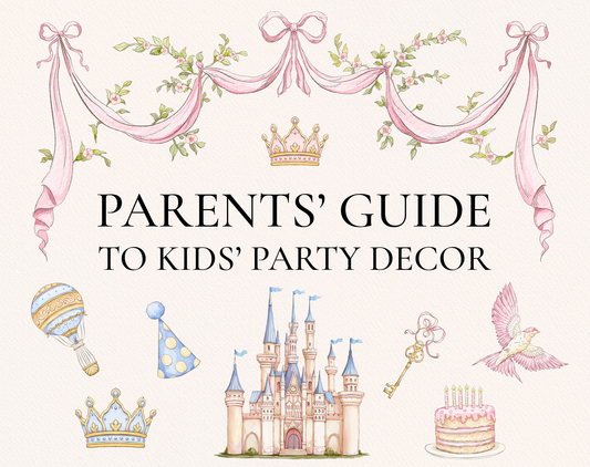 Cover of article titled “Parents’ Guide to Kids’ Party Decor,” featuring pastel watercolor illustrations—pink ribbon garlands, crowns, a castle, hot-air balloon, party hat, magic wand, bird, and birthday cake on a cream background