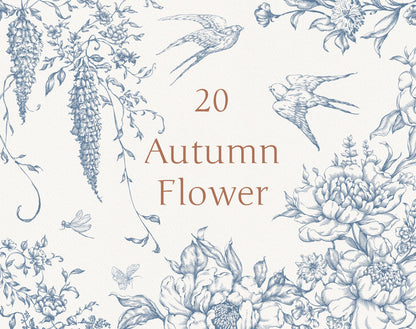 Autumn Flower Blue clip-art pack — dusty-blue French-rose bouquet, wisteria vines, swallows and butterflies