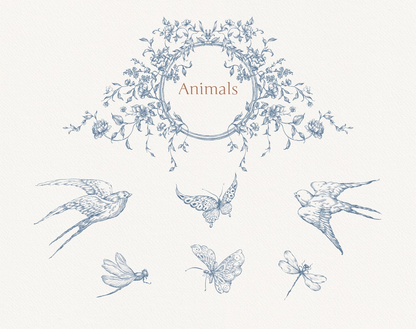 Swallows, dragonfly and butterfly clip-art — Autumn Flower Blue ‘Butterflies & Birds’ sheet