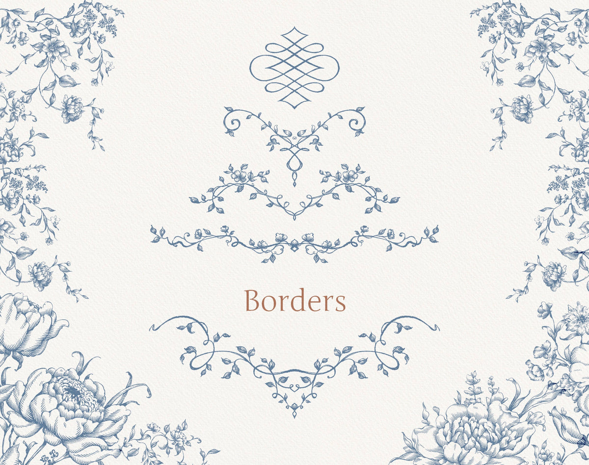 Decorative vine border and corner swag samples — Autumn Flower Blue ‘Borders’ sheet