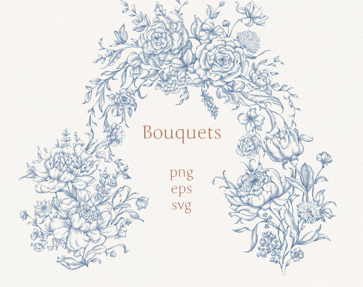 Hand-tied rose bouquets illustration set — Autumn Flower Blue ‘Bouquets’ sheet