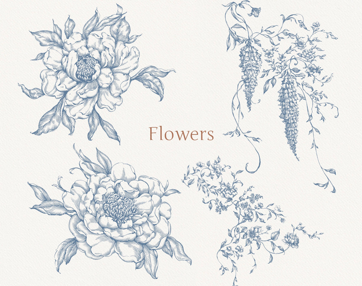 Assorted French-rose blooms & hanging wisteria — Autumn Flower Blue ‘Flowers’ sheet