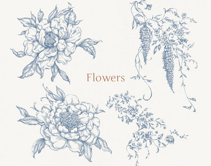 Assorted French-rose blooms & hanging wisteria — Autumn Flower Blue ‘Flowers’ sheet