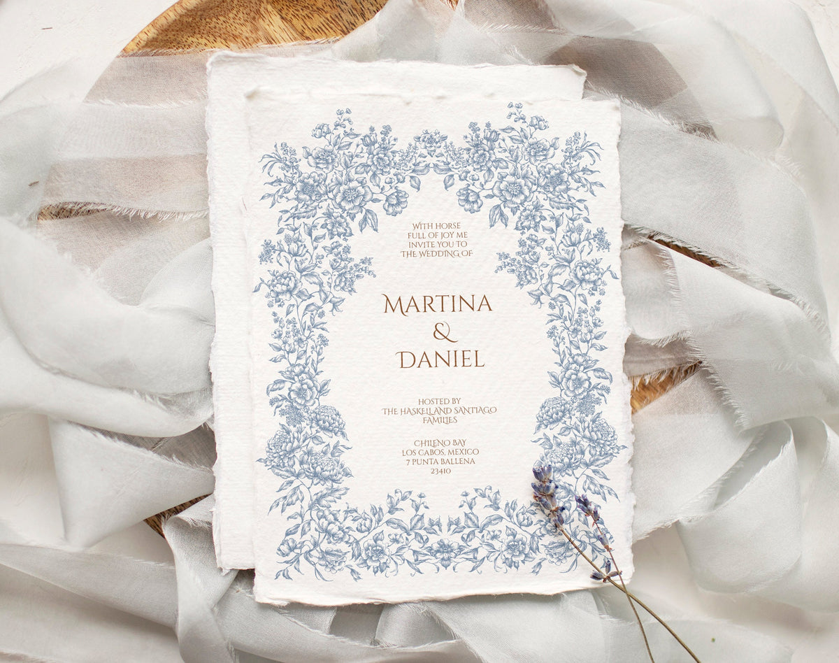 Wedding invitation suite framed with Autumn Flower Blue floral border