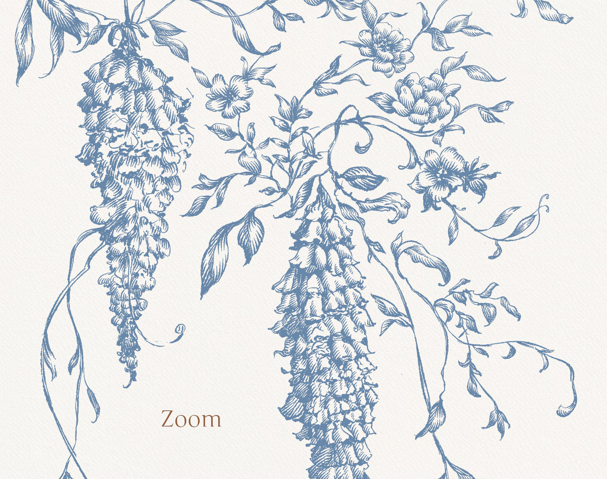 Detail of hanging wisteria spray from Autumn Flower Blue artwork