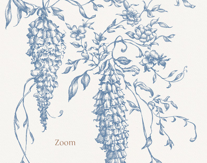 Detail of hanging wisteria spray from Autumn Flower Blue artwork