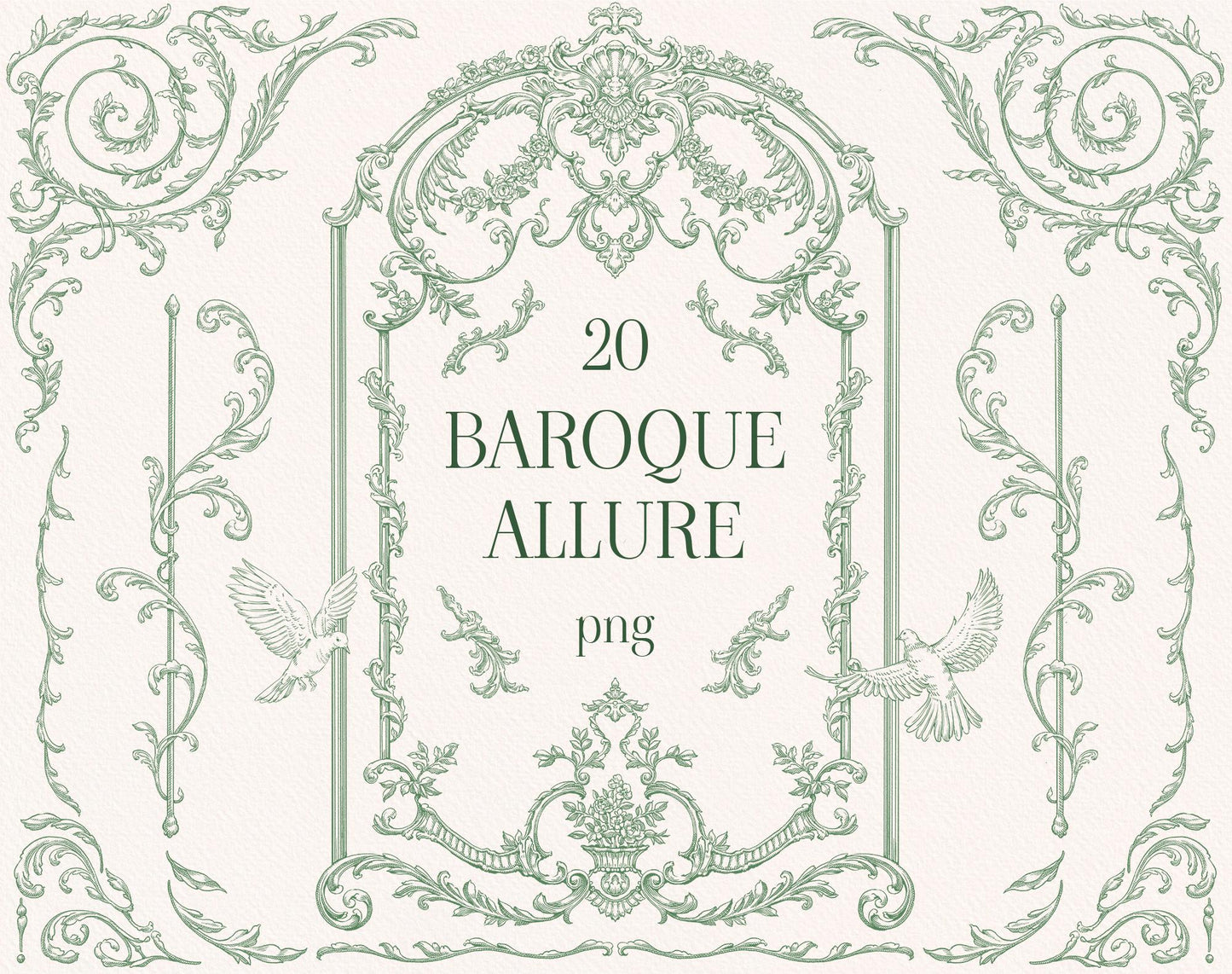 Baroque Allure Green clip-art pack — dusty-green baroque scroll frame with birds, foliage and rocaille corners