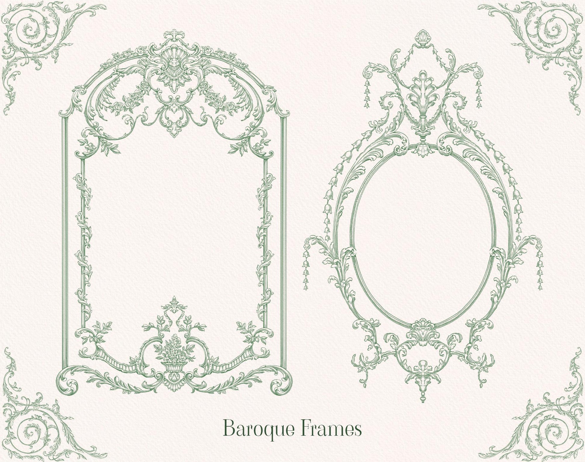 Oval and rectangular baroque frame samples — Baroque Allure Green ‘Baroque frames’ sheet