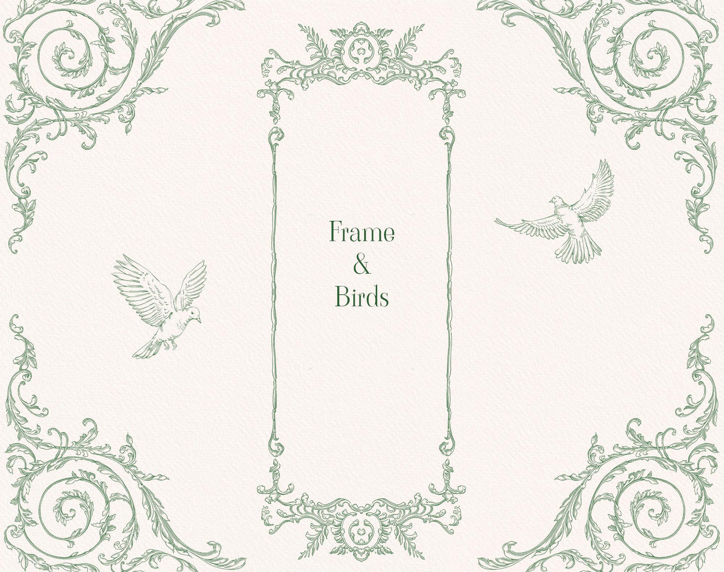 Vertical baroque frame with dove accents — Baroque Allure Green