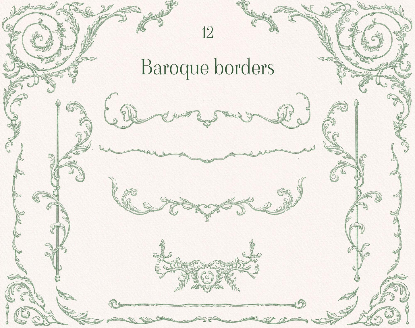 Twelve baroque borders — Baroque Allure Green 'Baroque borders' sheet