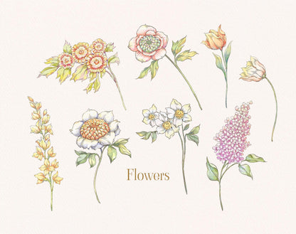 Assorted vintage blooms — roses, delphinium, daffodil and more from Belle Wood Collection