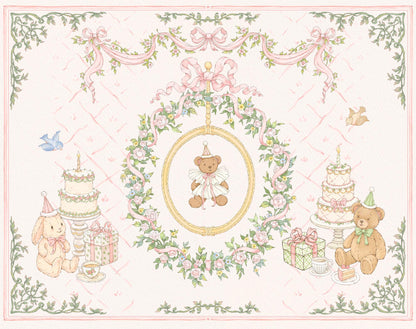 Decorative baby-themed illustration with teddy bears, cakes, and flowers on a pink background.