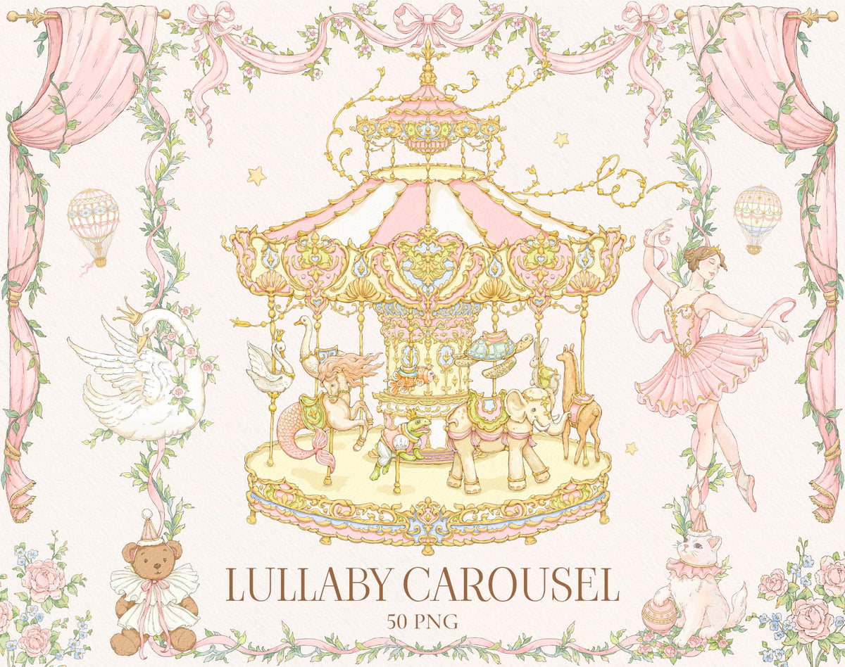 Ekaproeka Lullaby Carousel clipart pack: pastel carousel with horses, ballerina, swan, teddy bear, ribbons and floral nursery borders