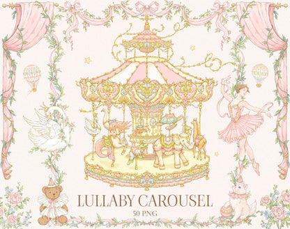 Ekaproeka Lullaby Carousel clipart pack: pastel carousel with horses, ballerina, swan, teddy bear, ribbons and floral nursery borders