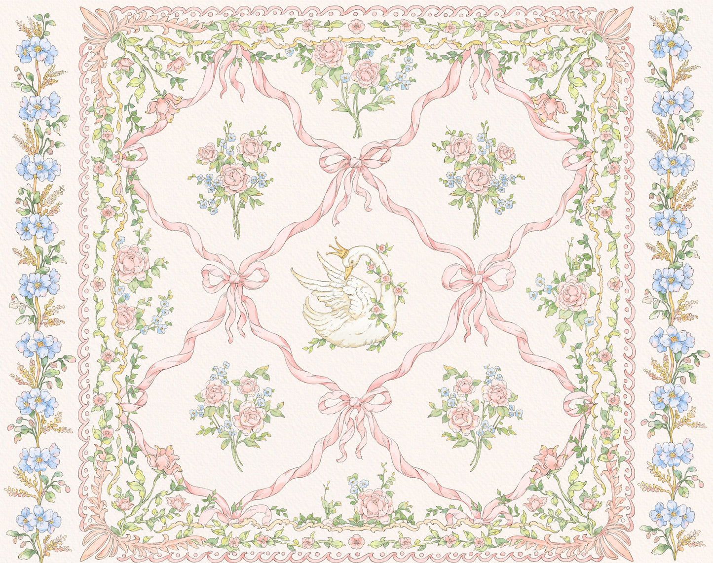 Decorative design with flowers, ribbons, and a dove on a white background