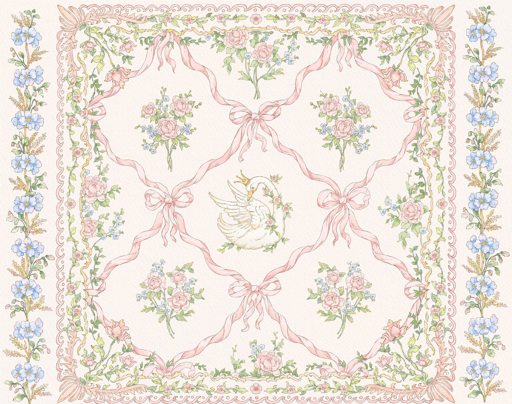 Decorative design with flowers, ribbons, and a dove on a white background