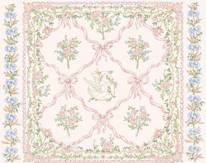 Decorative design with flowers, ribbons, and a dove on a white background