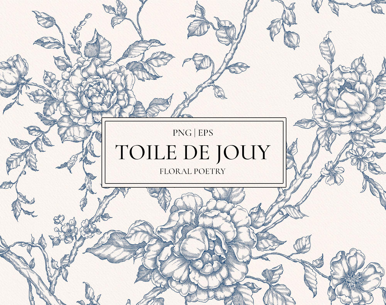 Toile de Jouy Floral Poetry set: dusty-blue floral toile pattern with peony branches and vintage line-art blossoms