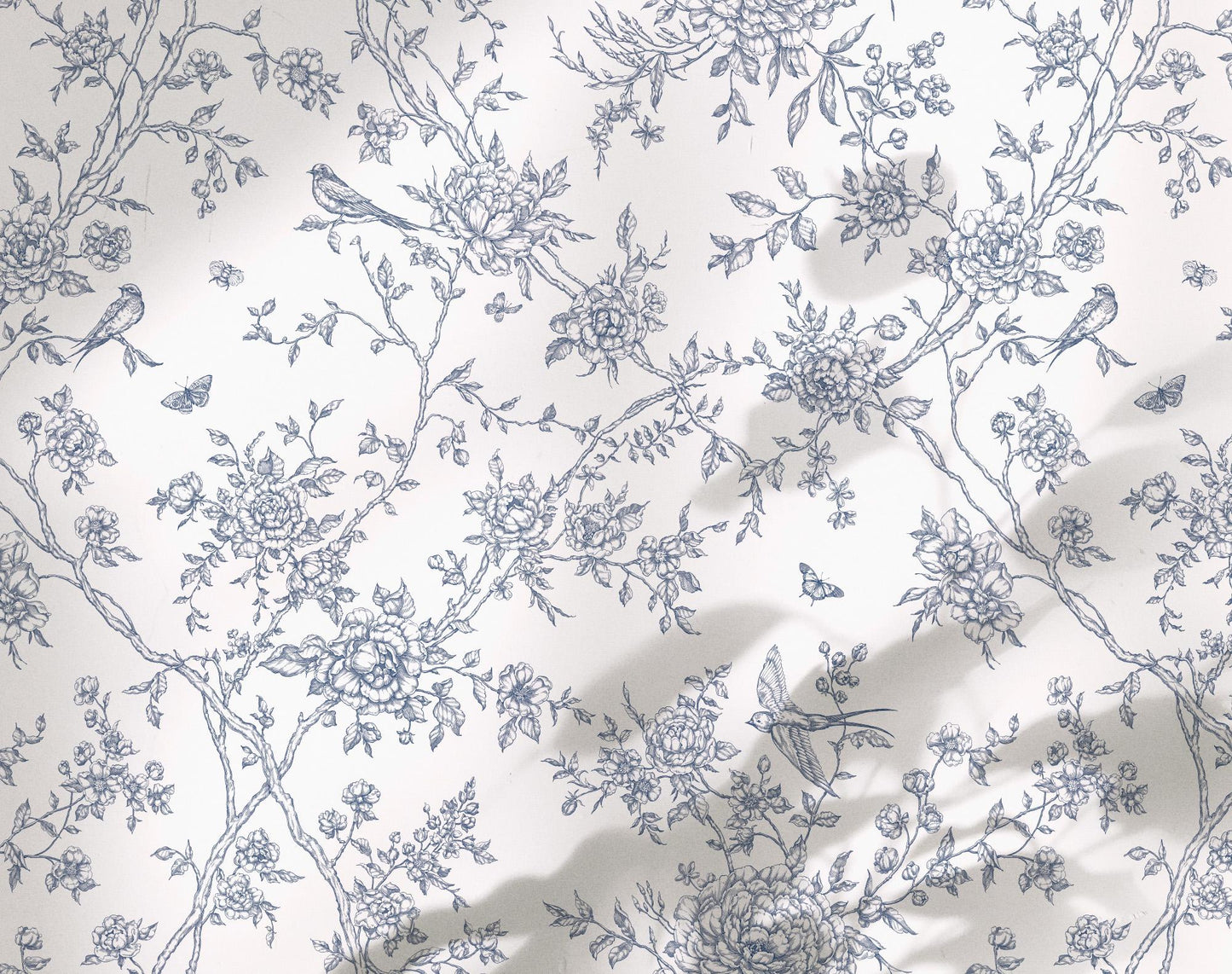 Floral and bird Toile de Jouy Floral Poetry pattern on a white background