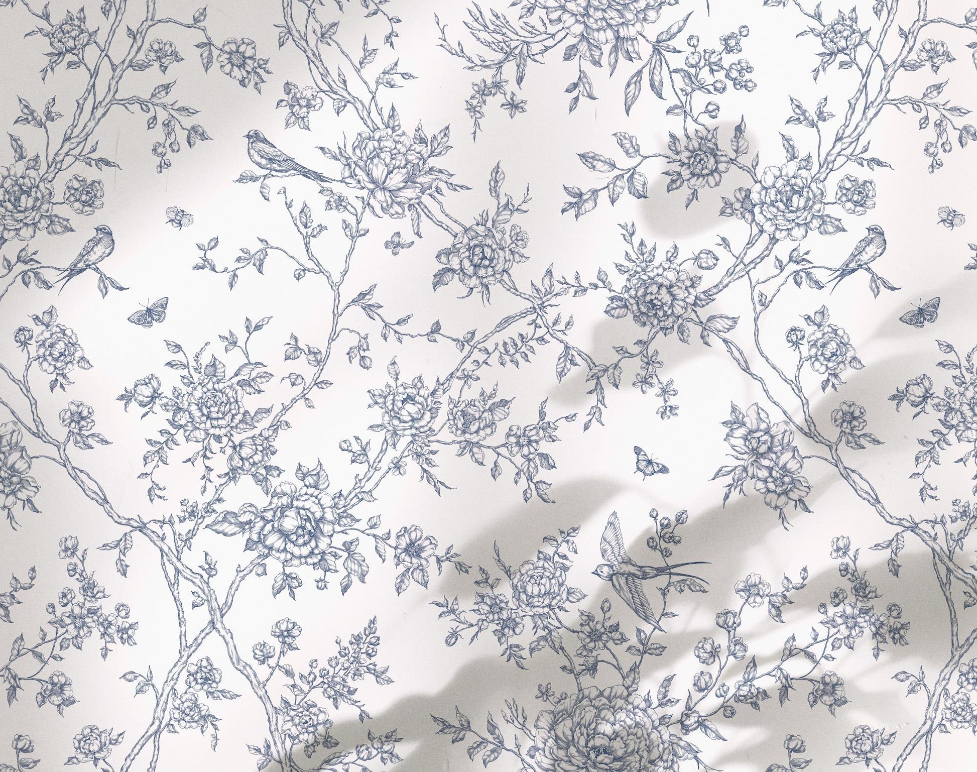 Floral and bird Toile de Jouy Floral Poetry pattern on a white background