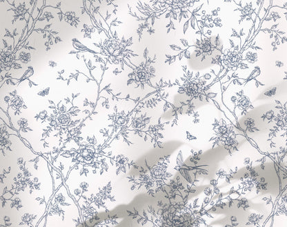 Floral and bird Toile de Jouy Floral Poetry pattern on a white background