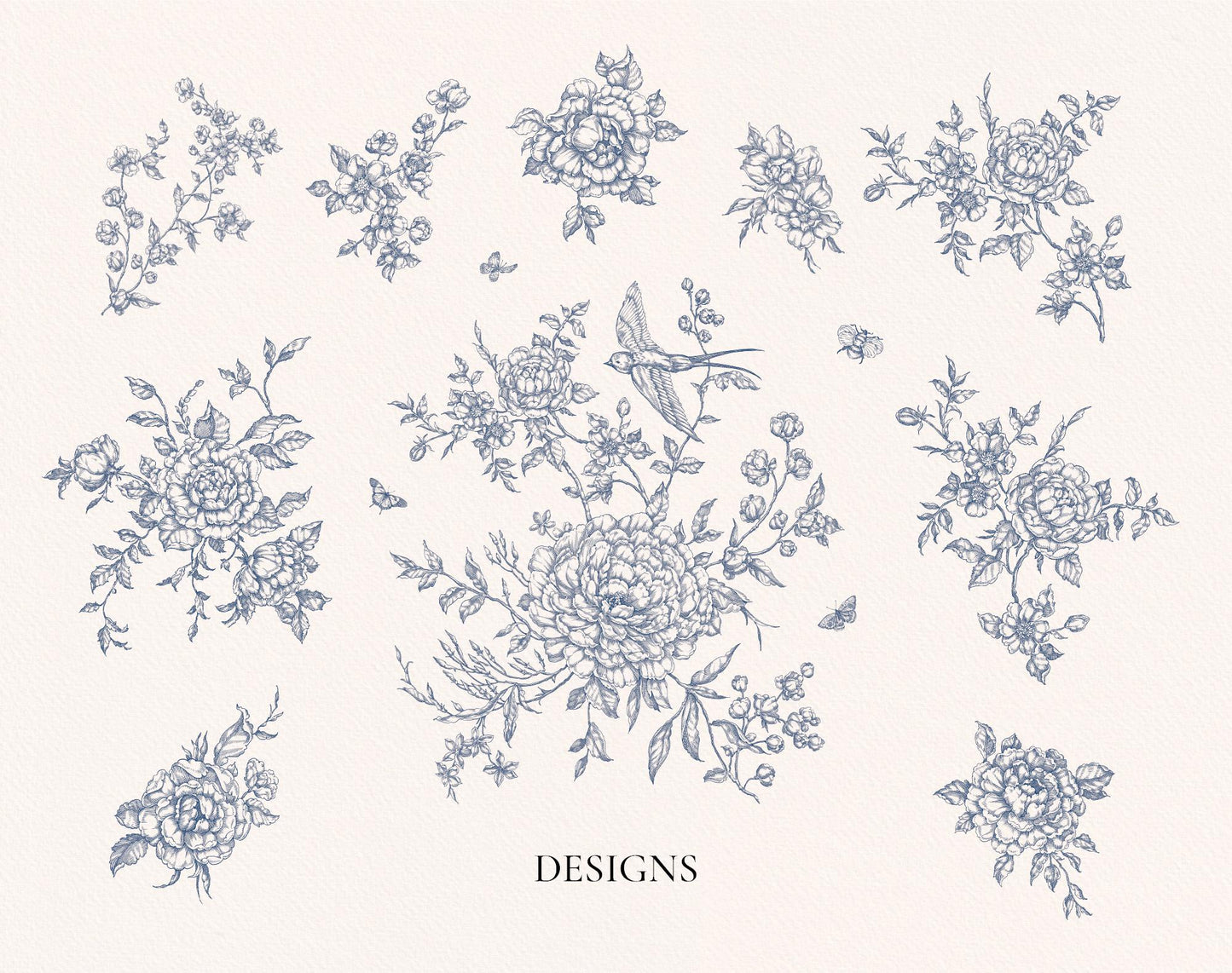 Floral and bird Toile de Jouy Floral Poetry pattern elements on a white background of blue floral designs