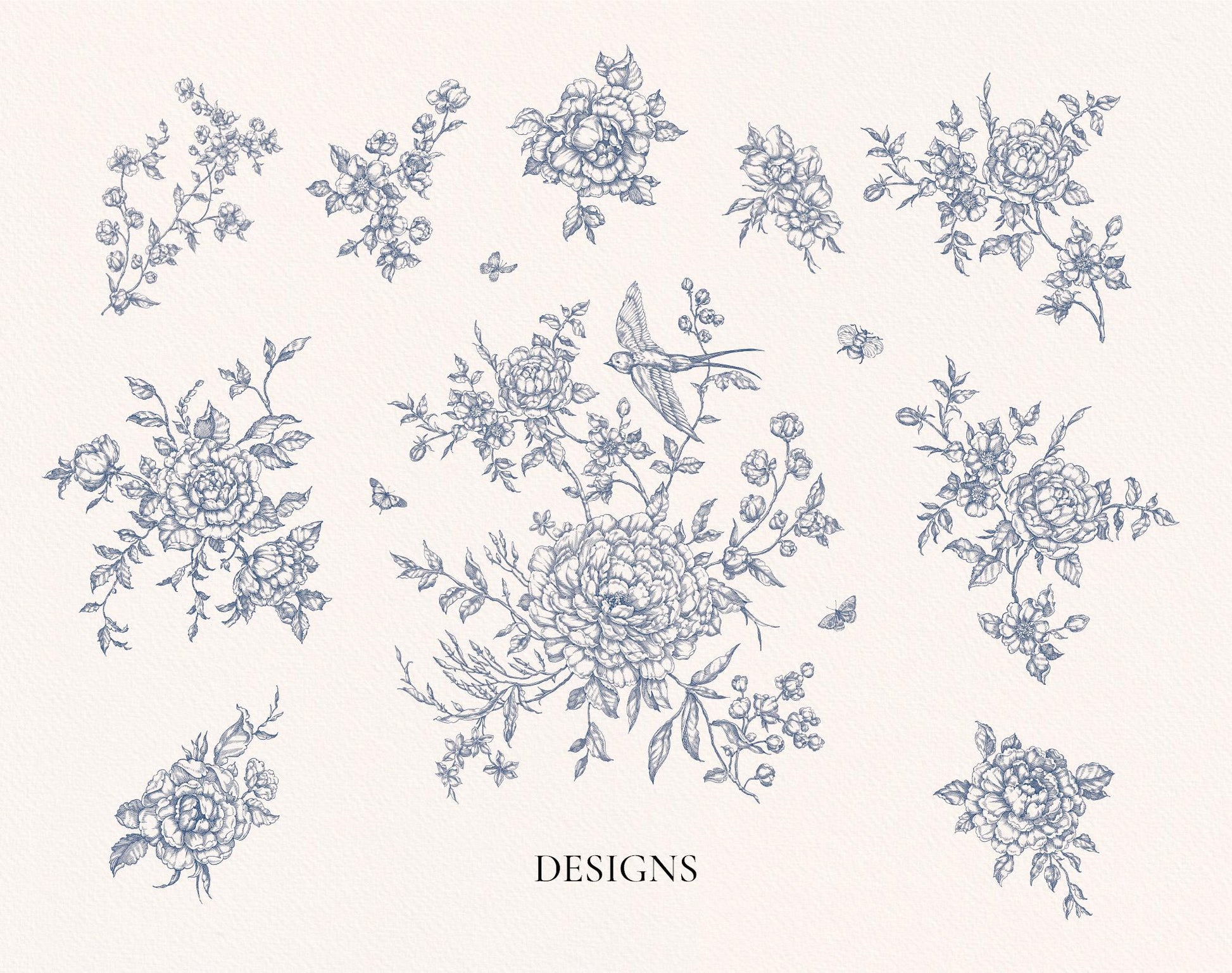 Floral and bird Toile de Jouy Floral Poetry pattern elements on a white background of blue floral designs