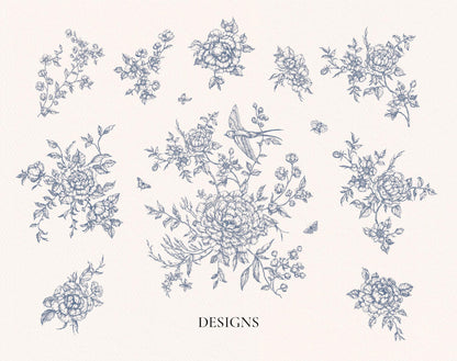 Floral and bird Toile de Jouy Floral Poetry pattern elements on a white background of blue floral designs
