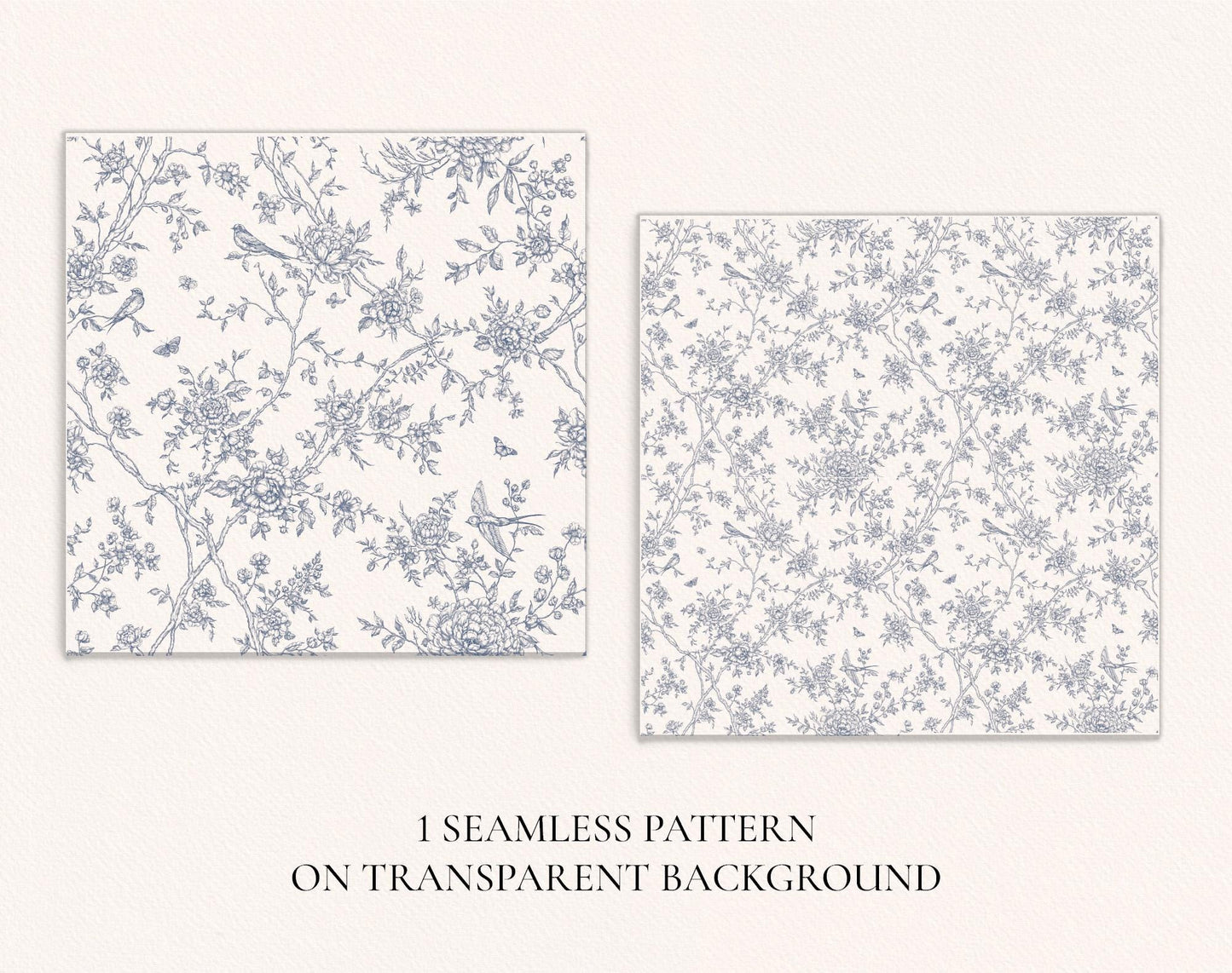 Two floral Toile de Jouy Floral Poetry patterns on a transparent background