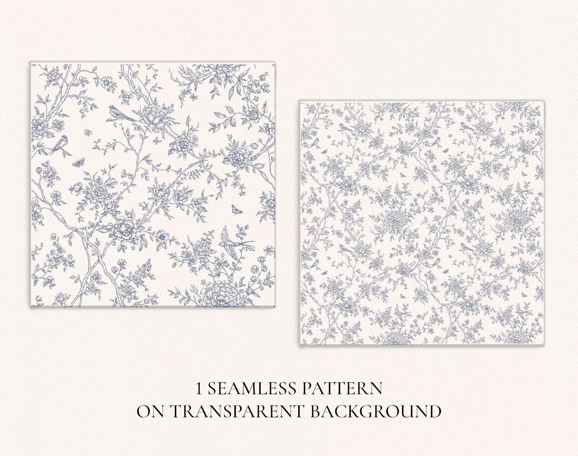 Two floral Toile de Jouy Floral Poetry patterns on a transparent background