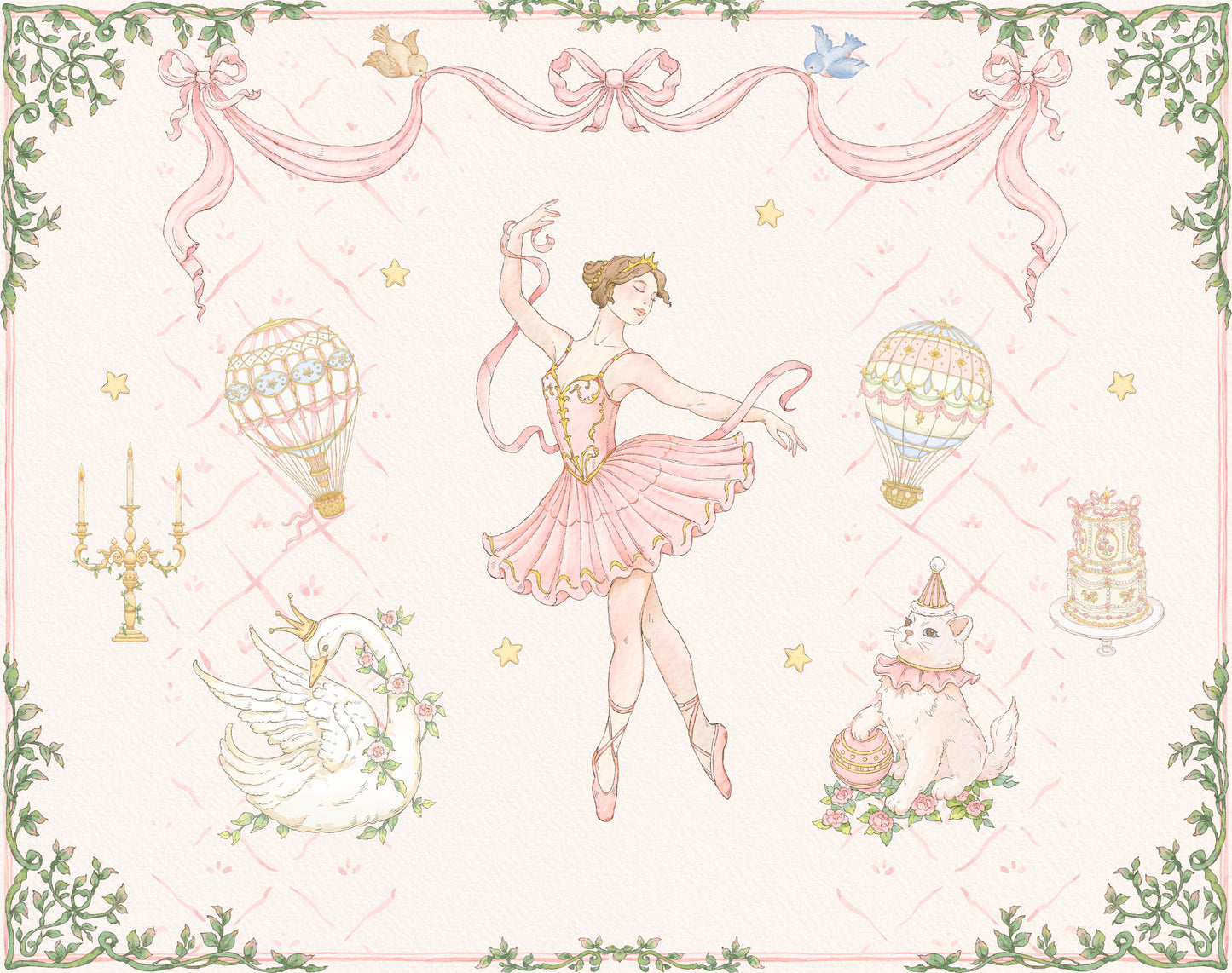 Vintage-style illustration of a ballerina with decorative elements like hot air balloons and a swan.