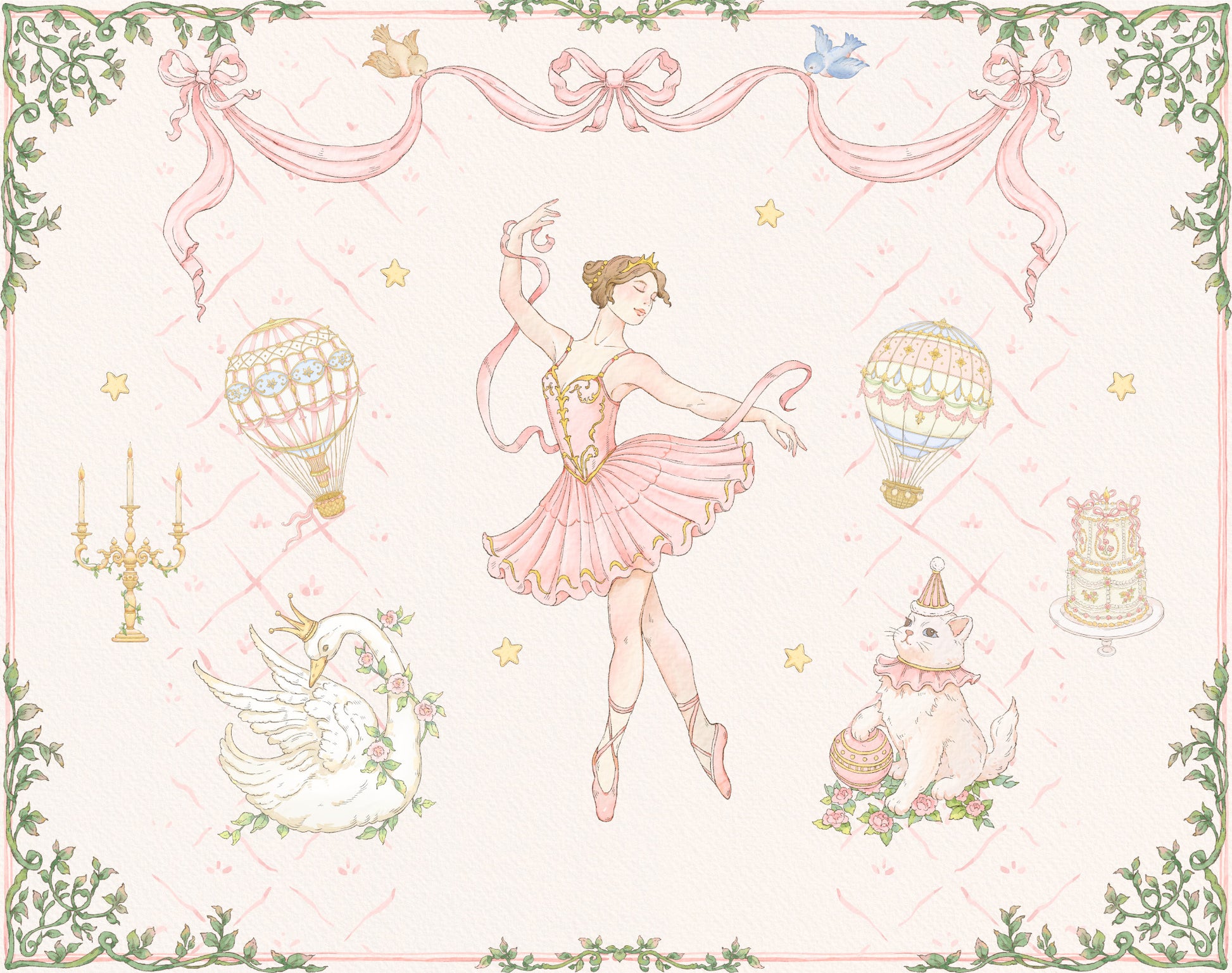 Vintage-style illustration of a ballerina with decorative elements like hot air balloons and a swan.