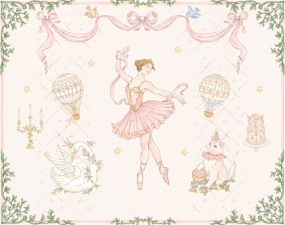 Vintage-style illustration of a ballerina with decorative elements like hot air balloons and a swan.
