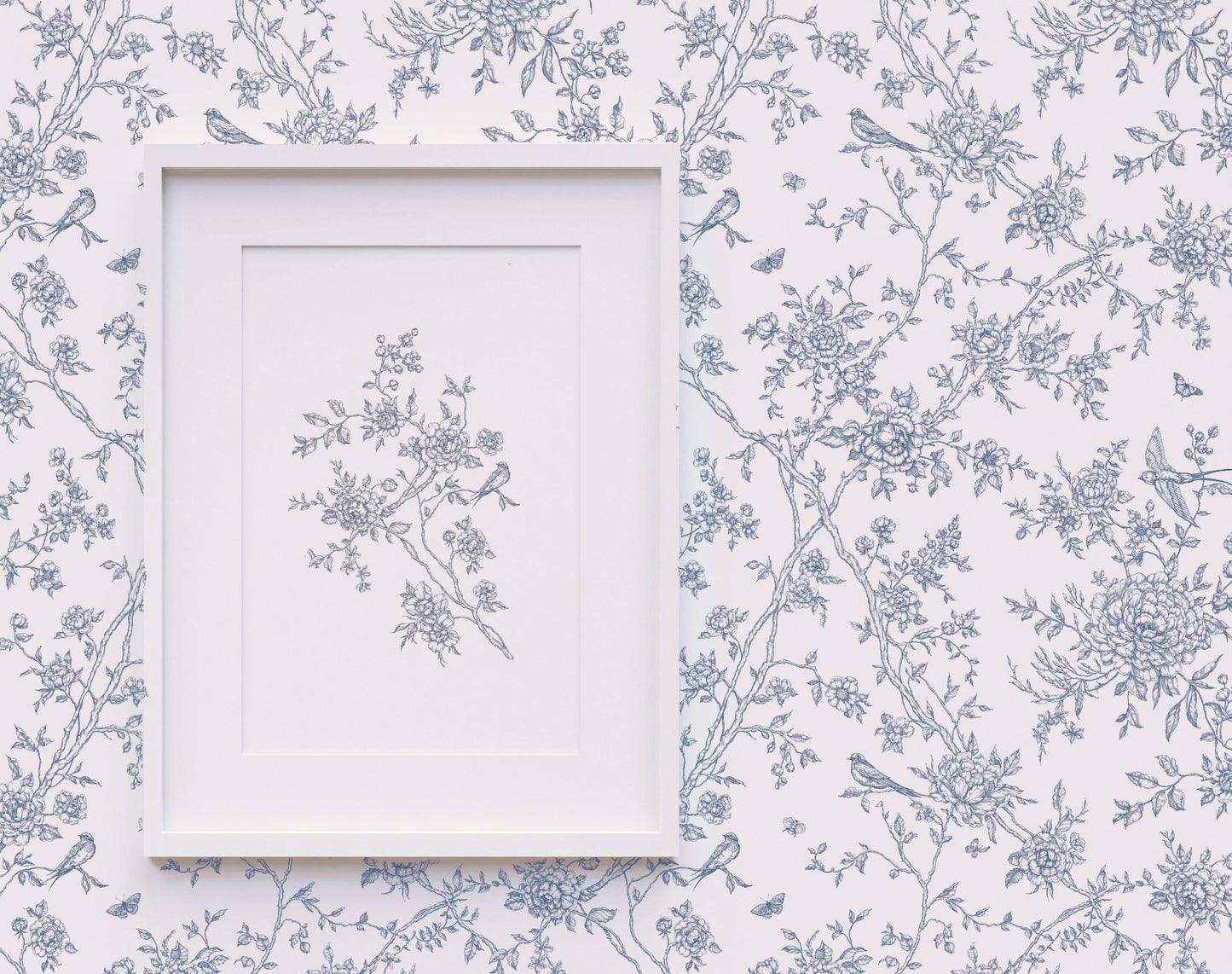 White frame with bird and flower on a  Toile de Jouy Floral Poetry pattern wallpaper background