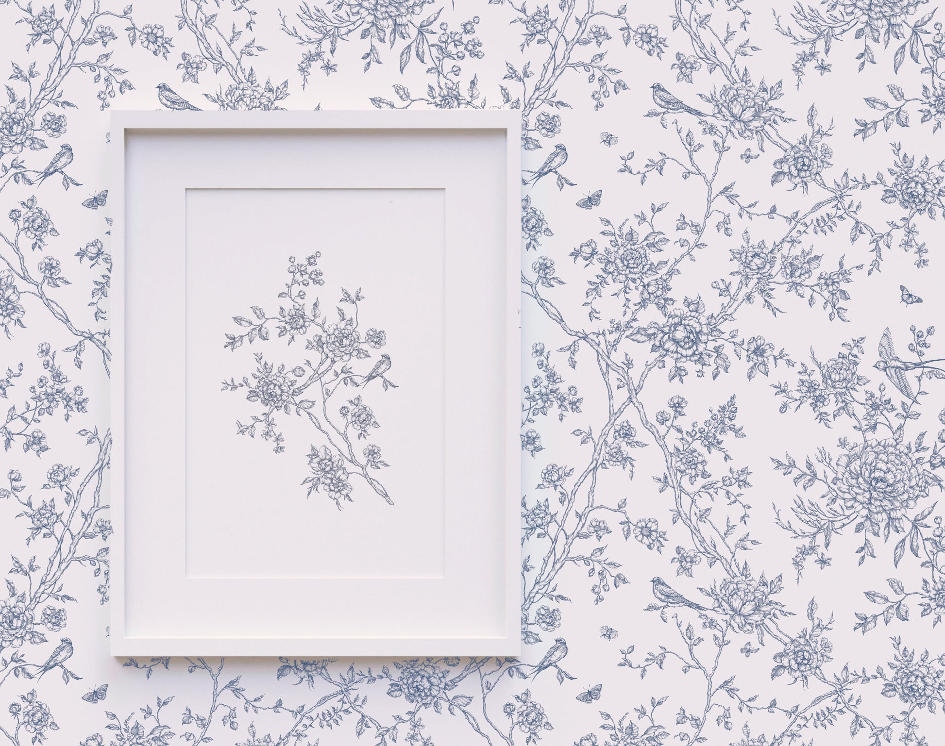 White frame with bird and flower on a  Toile de Jouy Floral Poetry pattern wallpaper background
