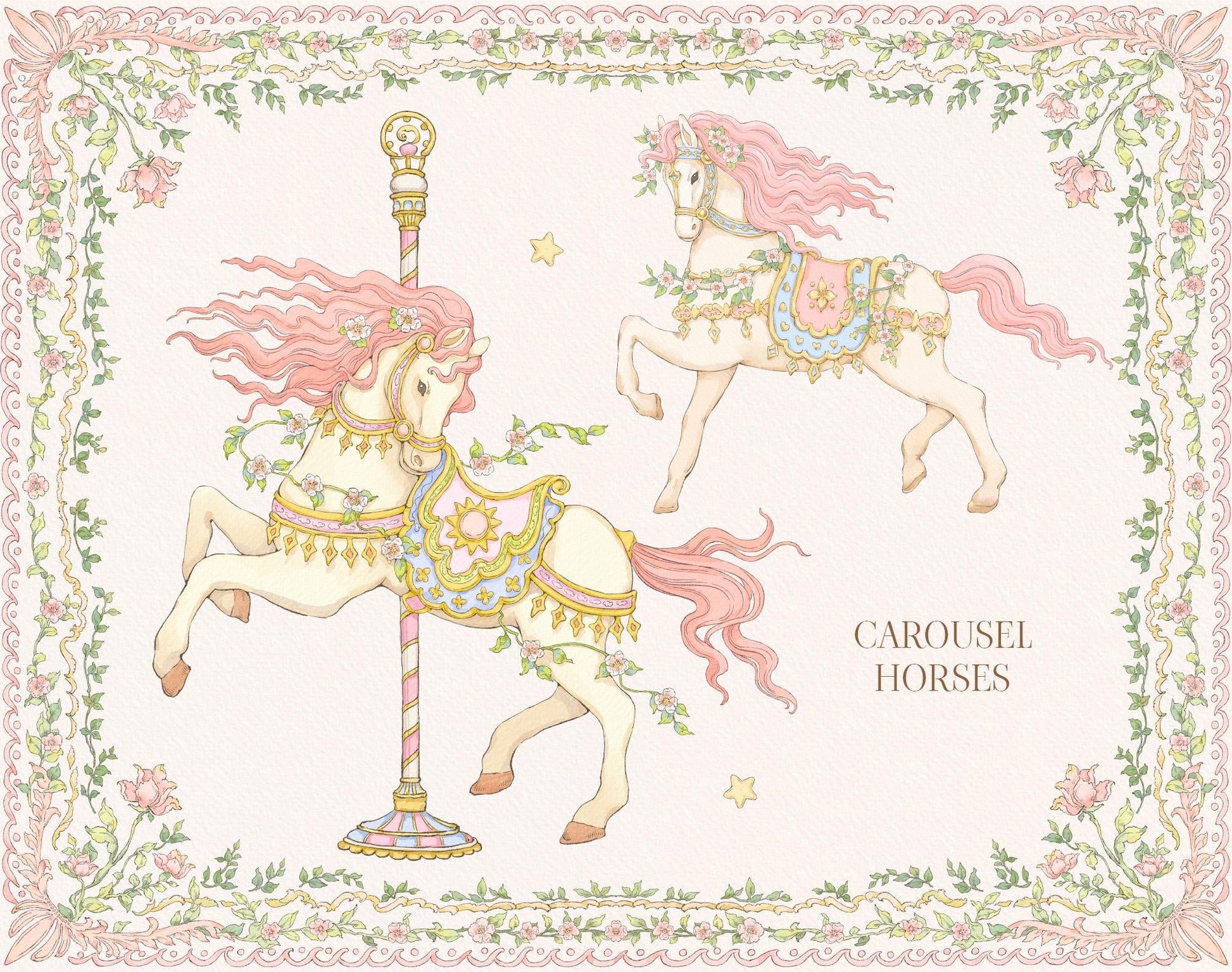Two carousel horses illustration with pink manes on a decorative background with floral elements.