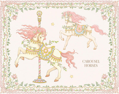 Two carousel horses illustration with pink manes on a decorative background with floral elements.