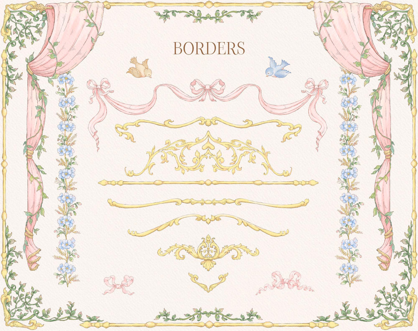 Decorative border design with floral elements and text on a light pink background