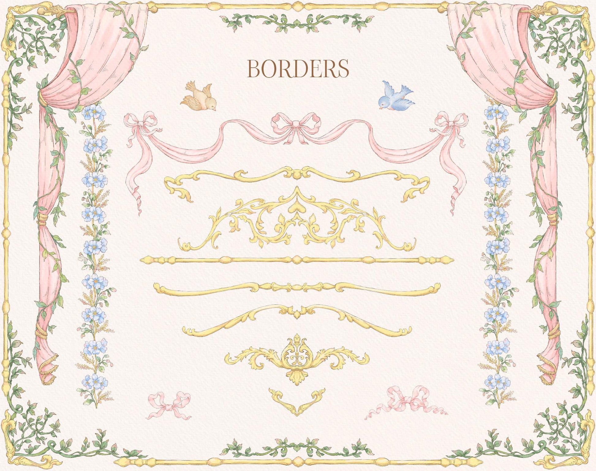 Decorative border design with floral elements and text on a light pink background