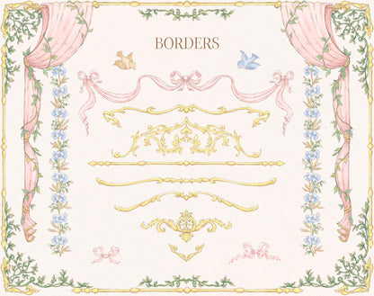 Decorative border design with floral elements and text on a light pink background