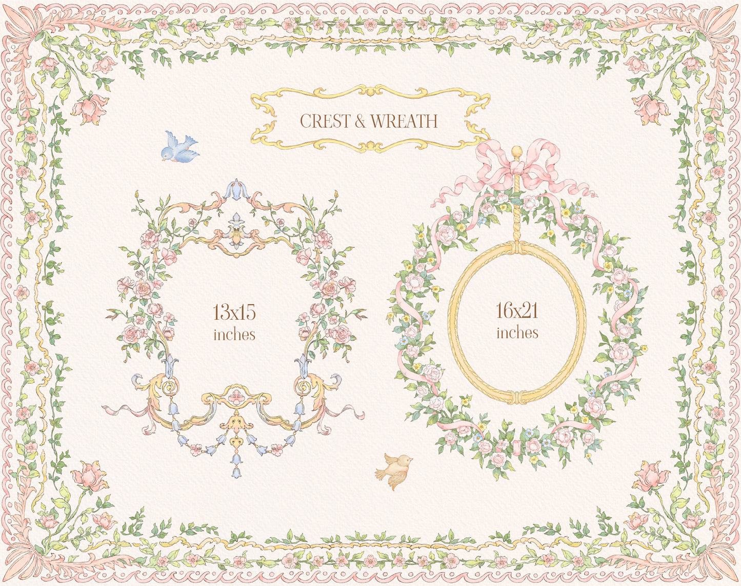 Decorative crest and wreath designs with measurements on a light background